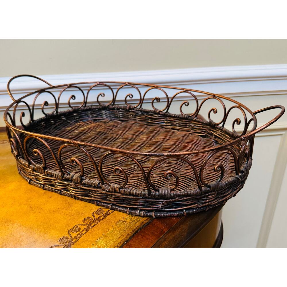 Vtg Large Oval Metal Wire Wicker RUSTIC FARMHOUSE Scroll Basket w/Handles 16"
